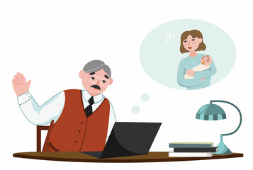 Fototapeta na wymiar An elderly man is sitting at a table and calling through his daughter's laptop, who has a child. Video communication. Cartoon-style illustration on a white background.