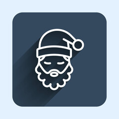 White line Santa Claus hat and beard icon isolated with long shadow background. Merry Christmas and Happy New Year. Blue square button. Vector
