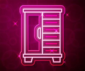 Glowing neon line Wardrobe icon isolated on red background. Cupboard sign. Vector