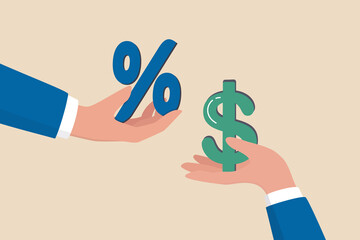 Investment profit earnings, interest rate or dividends percentage, offer discount or sale, income tax or make money concept, businessman hand offer percentage sign with other giving dollar money. - obrazy, fototapety, plakaty