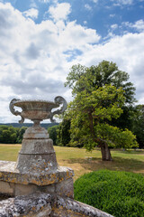Jumieges Abbey (Abbaye Saint-Pierre de Jumieges), Normandy, France. Old stone vase on balustrade....