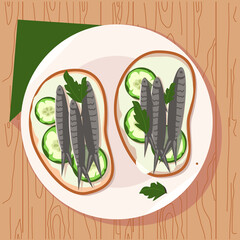 Fish sandwich on a plate with a napkin. Cucumber, sprats, mayonnaise. Russian sandwich. Vector illustration. National cuisine. New Year.