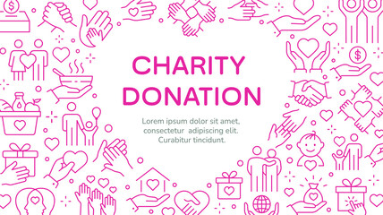 Vector banner templates with charity icons. Set of philanthropy, hand, heart, sponsor and more. - obrazy, fototapety, plakaty