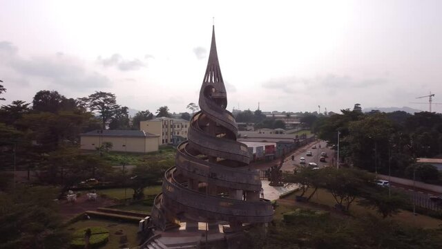 Circling 4k Aerial shot of the Reunification Monument in Yaound&eacute;