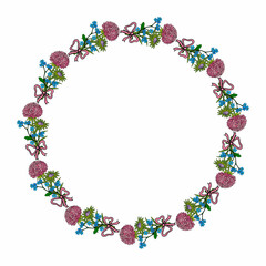 Fototapeta na wymiar Round frame with aster flowers, forget-me-not and pink ribbon on white background. Vector image.