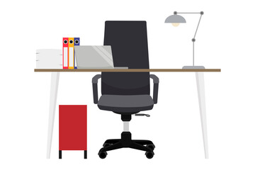 Fototapeta premium Modern desk for freelancer home office with modern chair and table with pc laptop computer some paper pile folders with table lamp