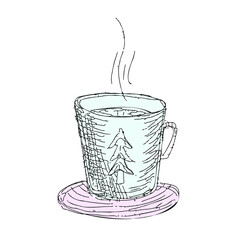 A cup of hot tea or coffee in the doodle style. Vector illustration in graphic style. A cup with a Christmas tree, a Christmas theme.