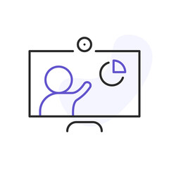 Online presentation simple line icon. Video conference and online meeting concept. Distance work and learning. Vector illustration. Laptop, computer, chatting, conferencing