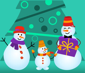 Family of snowmen, Give a gift to a child on the background of a Christmas tree.