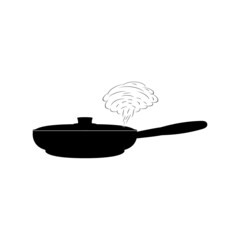 The icon of a frying pan with a lid and steam on a white background.