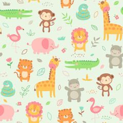 Pastel cute jungle animals with leaf and flower seamless pattern background
