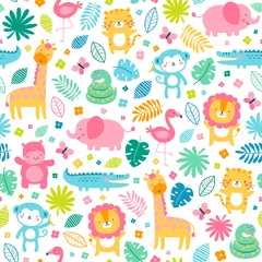 Foto op Canvas Colorful cute jungle animals with flower and leaf seamless pattern background. © NTRdesign