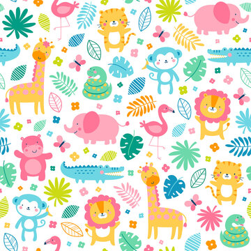 Colorful cute jungle animals with flower and leaf seamless pattern background.