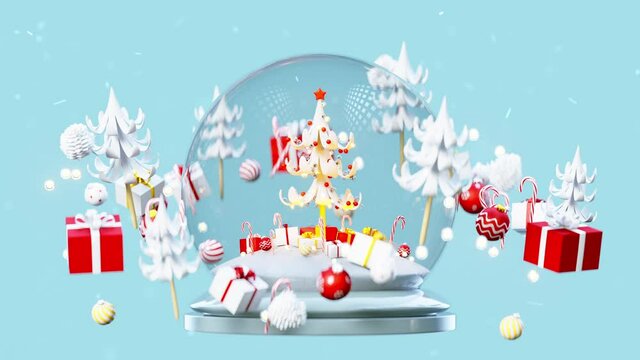 Snow globe and Christmas ball ornaments. Seamless loop 3D render animation