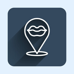 White line Smiling lips icon isolated with long shadow background. Smile symbol. Blue square button. Vector