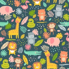 Gardinen Tiere Muster  Cute safari animals with tropical leaf seamless pattern background.  © NTRdesign