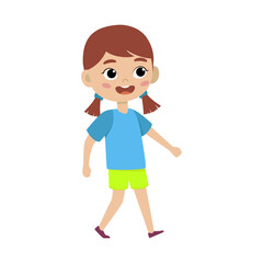 Cute girl kid. Funny child isolated on white background. Baby walks carelessly, looking up. Happy emotion girl. Vector illustration in flat style