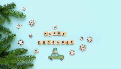 christmas decor, toy car, fir branches, letters 