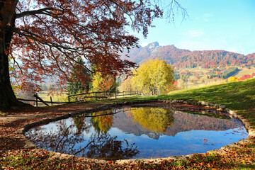 alpine lake with high mountain background in autumn