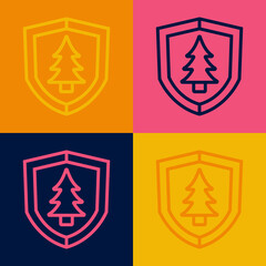Pop art line Shield with tree icon isolated on color background. Eco-friendly security shield with tree. Vector