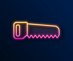 Glowing neon line Hand saw icon isolated on black background. Vector