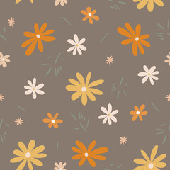 Floral seamless summer pattern. Chamomile and calendula in a naive style on a gray square background. Vector illustration. Used for packaging, printing on fabric, paper, wallpaper, etc.