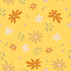 Floral rustic seamless summer pattern. Chamomile and calendula in a naive style on an orange square background. Vector illustration. Used for packaging, printing on fabric, paper, wallpaper, etc.