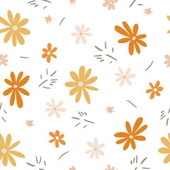 Fototapeta na wymiar Endless vector square illustration isolated on white background. Simple rustic floral seamless pattern in a naive style. Orange, yellow, white chamomile and calendula. Used for packaging. Eps 10.