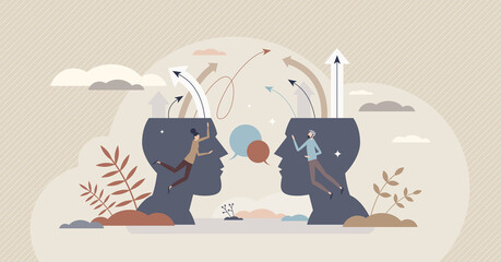 Arguing in conflict discussion about different opinions tiny person concept. Dispute and confrontation with negative talking arguments vector illustration. Disagreement and frustration in relationship - obrazy, fototapety, plakaty