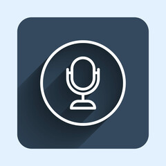 White line Microphone icon isolated with long shadow background. On air radio mic microphone. Speaker sign. Blue square button. Vector