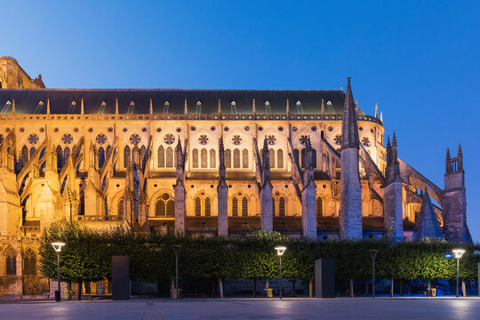 France, Cher, Bourges, Side wall of Bourges Cathedral at dusk