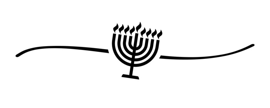 Hand drawn shape menorah black with cute sketch line, divider shape. Hanukka black colored candelabrum icon with eight branches isolated on white background. Vector illustration