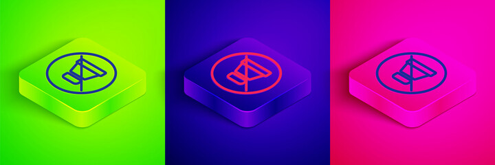 Isometric line Mute microphone icon isolated on green, blue and pink background. Microphone audio muted. Square button. Vector