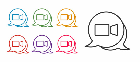 Set line Video chat conference icon isolated on white background. Online meeting work form home. Remote project management. Set icons colorful. Vector