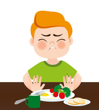 A boy sit at the dinner table and refuse to eat broccoli, tomatoes and fried eggs. Push the plate away from you with your hands. Healthy food. Vector illustration.