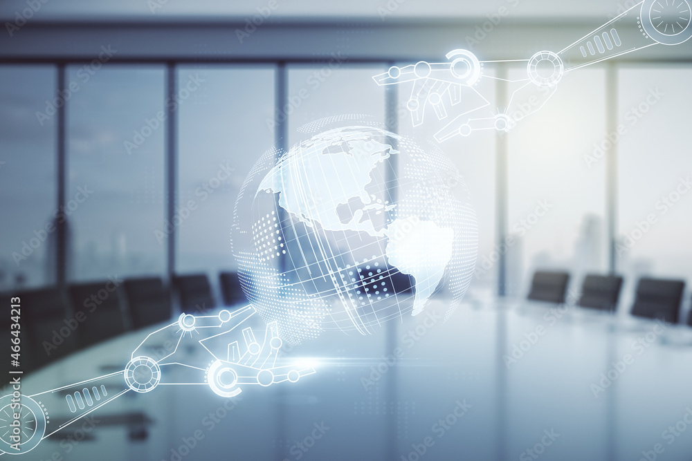 Aufkleber double exposure of abstract virtual robotics technology with world map hologram on a modern meeting 