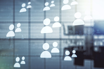 Abstract virtual social network hologram on a modern coworking room background. Double exposure