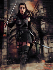 Female knight with two swords in front of a stone castle gate. 3D render - the woman is a 3D object. - 466434439