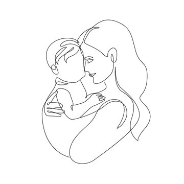 Mother with Baby Continuous Line Drawing. Single Line Drawing of Woman with Baby. Happy Mother Day Minimalist Contour Illustration. Vector EPS 10.	