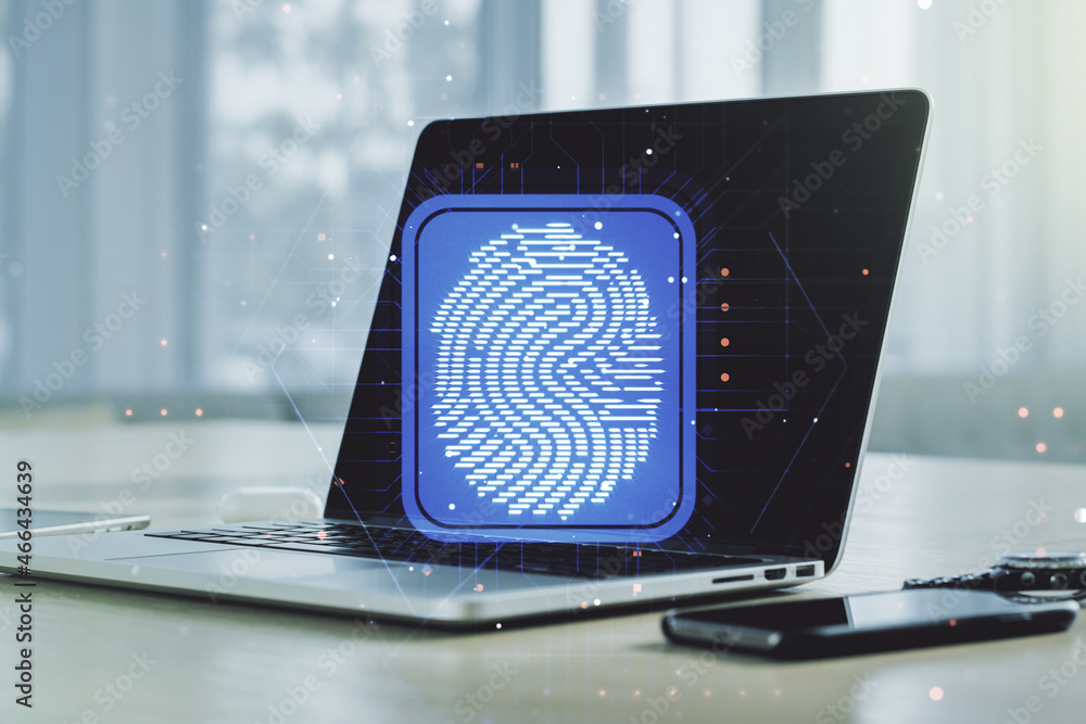Aufkleber multi exposure of abstract graphic fingerprint sketch on modern computer background, fingerprint sca