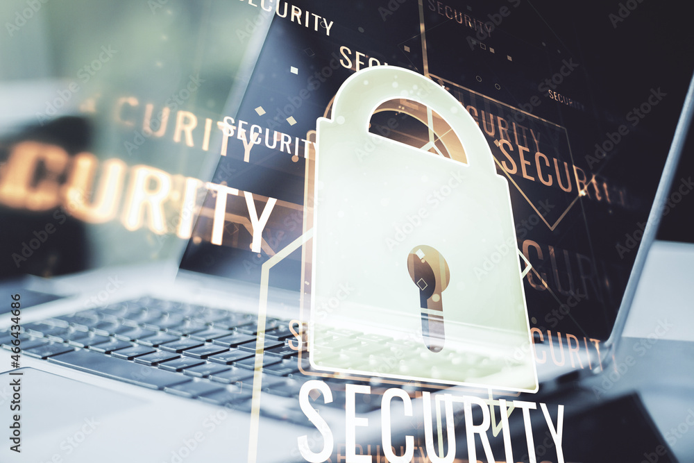 Poster creative light lock illustration with microcircuit on modern computer background, cyber security con