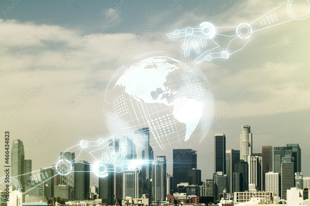 Poster abstract virtual robotics technology hologram with globe sketch on los angeles skyline background. r