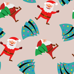 Vector seamless pattern of a simple Christmas tree and Santa Claus as a symbol of a happy New Year, a Merry Christmas celebration. Background for textiles, covers, packaging paper.Flat style