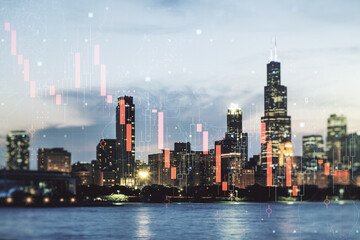 Obraz premium Abstract virtual crisis chart illustration on Chicago skyline background. Global crisis and bankruptcy concept. Multiexposure