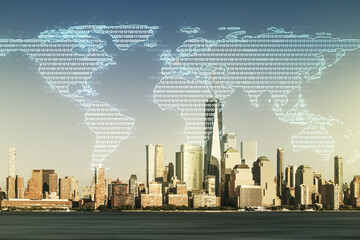 Fototapeta na wymiar Multi exposure of abstract graphic world map on Manhattan cityscape background, big data and networking concept