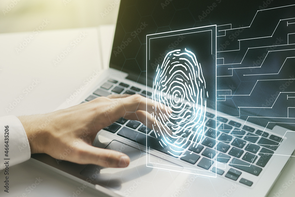Poster multi exposure of abstract fingerprint scan interface with hands typing on computer keyboard on back