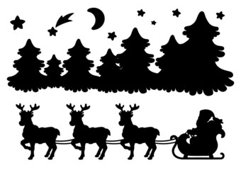 Santa Claus carries Christmas presents on a reindeer sleigh. Black silhouette. Design element. Vector illustration isolated on white background. Winter forest.