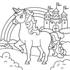 Cute unicorn. Magic fairy horse. Landscape with a beautiful castle. Coloring book page for kids. Cartoon style. Vector illustration isolated on white background.