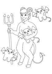 The devil with a pitchfork catches cute devils. Coloring book page for kids. Cartoon style character. Vector illustration isolated on white background.