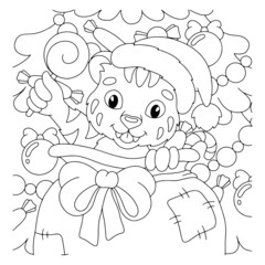 Christmas tiger. Coloring book page for kids. Cartoon style character. Vector illustration isolated on white background.